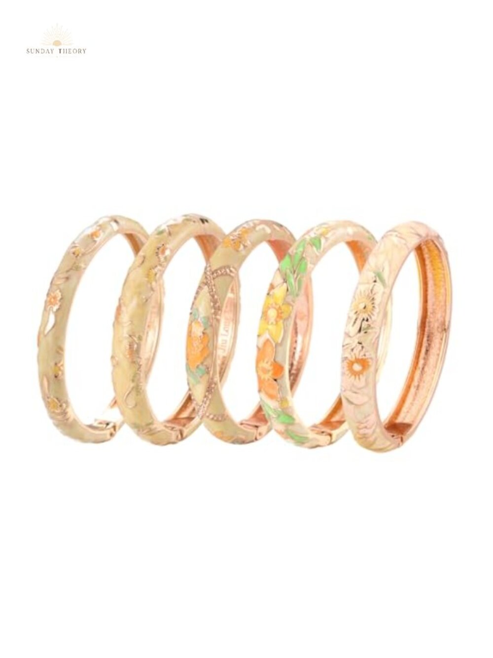 UJOY Enamel Cloisonne Bangle Bracelet Set 5pc Rose Flower Engraved Gift Box